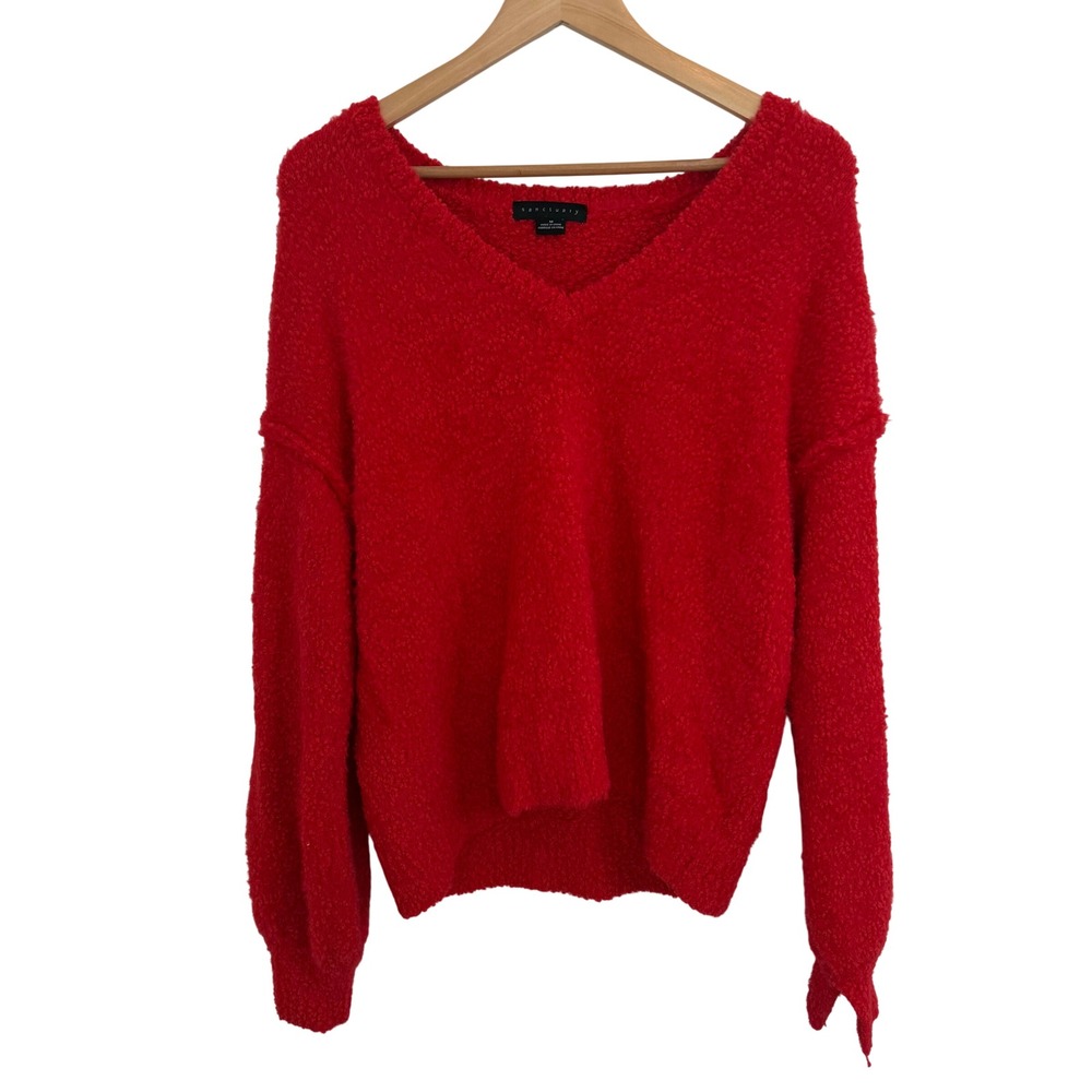 Sanctuary Red Boucle V-Neck Sweater Relaxed Balloon‎ Sleeve Medium FLAW